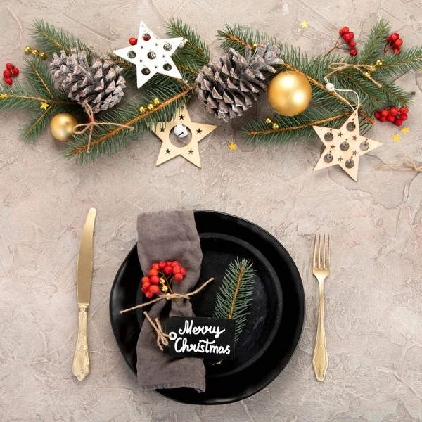 Christmas Dinner Table Setting Light Background Holiday Season Concept Top — Stock Photo, Image