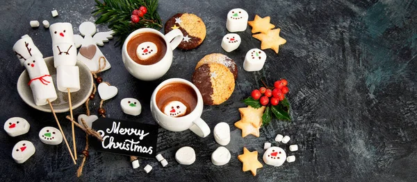 Sıcak Çikolata Kurabiyeli Noel Kompozisyonu Tatil Sezonu Konsepti Üst Görünüm — Stok fotoğraf