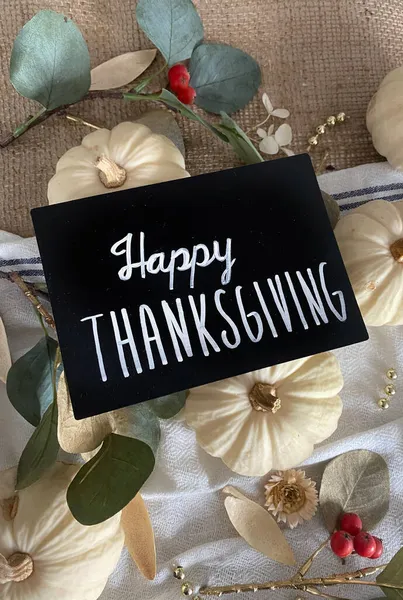 Holiday Table Happy Thanksgiving Concept Top View Flat Lay — Stock Photo, Image
