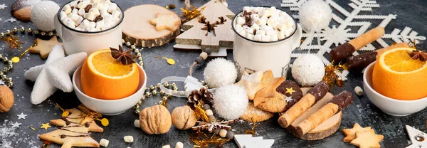 Christmas Table Setting Sweet Treats Holiday Season Concept Panorama — Stock Photo, Image
