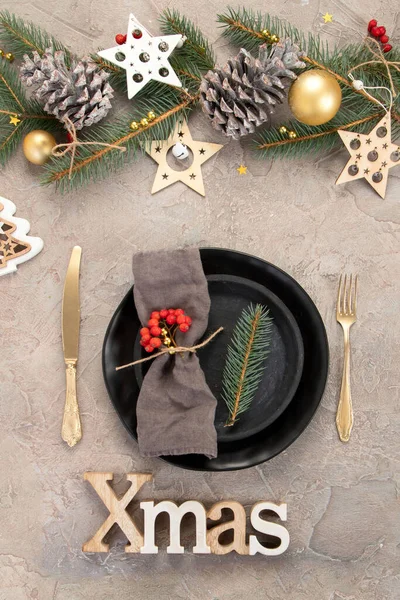 Christmas Dinner Table Setting Light Background Holiday Season Concept Top — Stock Photo, Image