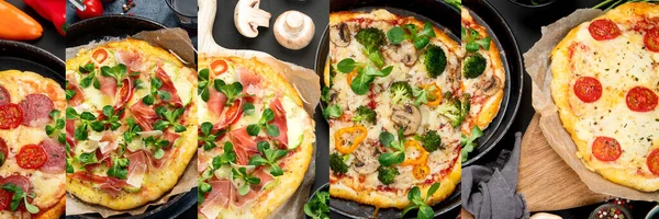 さまざまなソースや野菜とおいしい新鮮なピザの品種で作られたコラージュ 自家製の食品コンセプト トップビュー コピースパック — ストック写真