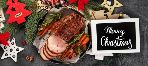 Christmas Composition Baked Ham Dark Background Traditional Food Concept Top — Stock Photo, Image