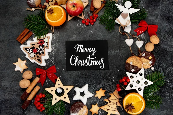 Christmas Composition Dark Background Festive Background Top View Flat Lay — Stock Photo, Image