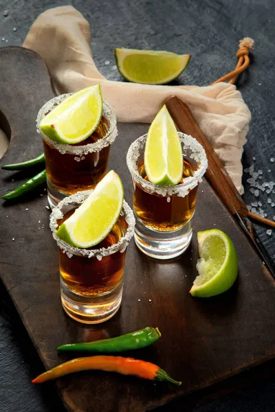 Tequila Shots Lime Salt Gray Background Classic Bar Menu — Stock Photo, Image