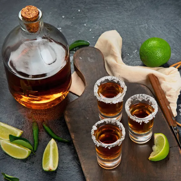 Tequila Shots Lime Salt Gray Background Classic Bar Menu — Stock Photo, Image