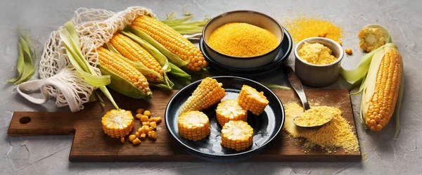 灰色の背景にトウモロコシとトウモロコシの穀物 食糧の概念を収穫する パノラマ — ストック写真