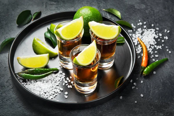 Colpi Tequila Con Lime Sale Sfondo Grigio Menù Bar Classico — Foto Stock