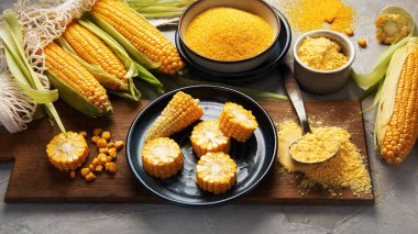 Mısır koçanları ve mısır homurdanmaları gri arka planda. Yiyecek konseptini hasat et. 