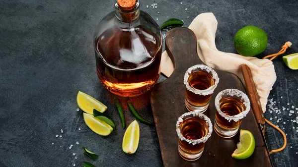Tequila Shots Lime Salt Gray Background Classic Bar Menu Copy — Stock Photo, Image