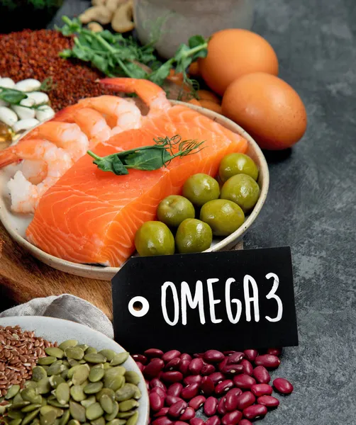 Válogatás Omega Legjobb Források Sötét Háttérrel Egészséges Táplálkozás Koncepciója — Stock Fotó