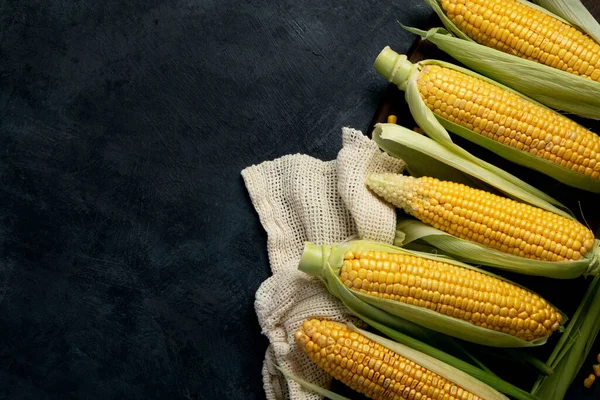 Çiğ Mısır Koyu Arkaplanda Mısır Yemek Konseptini Hasat Üst Görünüm — Stok fotoğraf