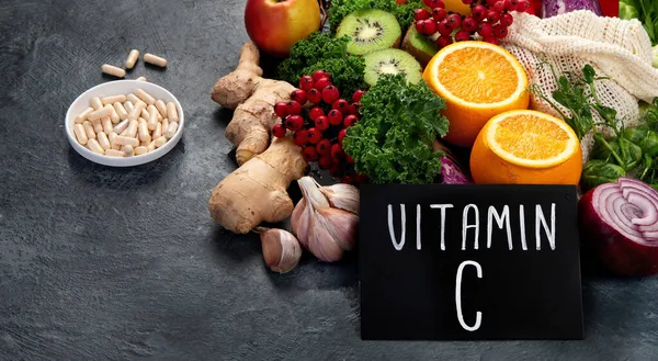 Livsmedel Med Hög Halt Vitamin Mörk Bakgrund Begreppet Hälsosam Kost — Stockfoto