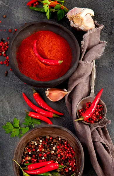 Red Chili Chilli Cayenne Pepper Peppercorns Dark Background Traditional Spices — Stock Photo, Image