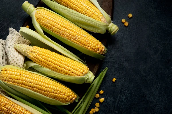 Çiğ Mısır Koyu Arkaplanda Mısır Yemek Konseptini Hasat Üst Görünüm — Stok fotoğraf