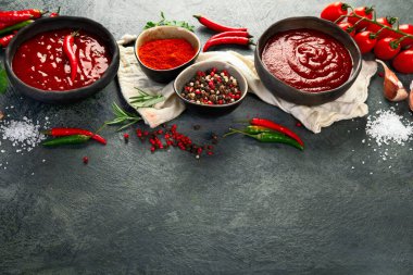 Gri arka planda baharatlı acı biberli domates sosu. Geleneksel acı sos konsepti. 
