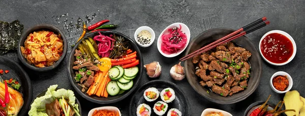 Sortimento Pratos Tradicionais Coreanos Comida Asiática Vista Superior Flat Lay — Fotografia de Stock