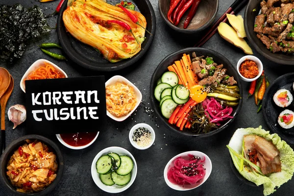 Assortiment Van Koreaanse Traditionele Gerechten Aziatisch Eten Bovenaanzicht Vlak Lay — Stockfoto