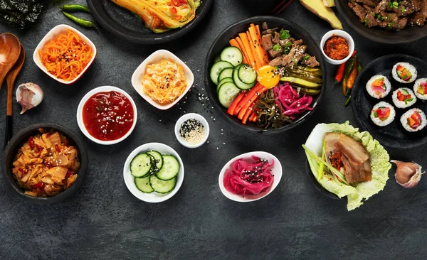 Assortiment Van Koreaanse Traditionele Gerechten Aziatisch Eten Bovenaanzicht Flat Lay — Stockfoto