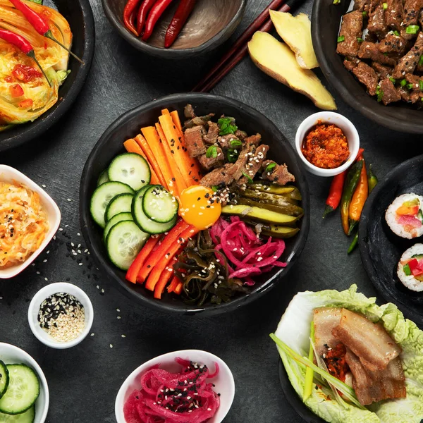 Asortyment Koreańskich Tradycyjnych Potraw Azjatyckie Jedzenie Widok Góry Płaski — Zdjęcie stockowe