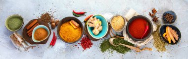 Gri arka planda çeşitli Hint baharatları. Geleneksel baharat konsepti. Üst görünüm, düz görünüm, kopyalama alanı, panorama