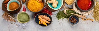 Gri arka planda çeşitli Hint baharatları. Geleneksel baharat konsepti. panorama, boşluğu kopyala