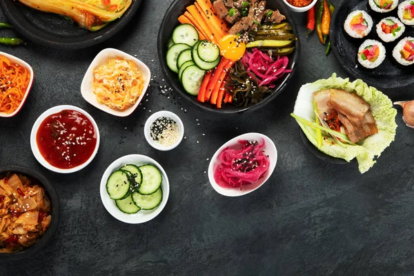 Sortiment Koreanska Traditionella Rätter Asiatisk Mat Ovanifrån Platt Låg Kopiera — Stockfoto