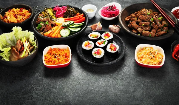 Assortiment Plats Traditionnels Coréens Nourriture Asiatique Vue Dessus Plan Espace — Photo