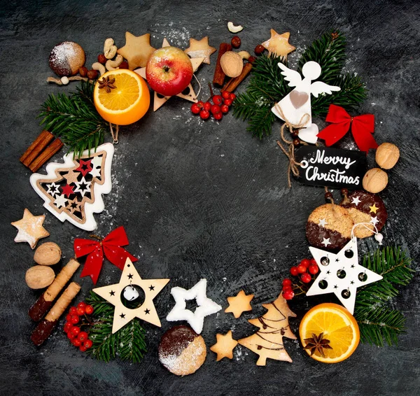 Christmas Composition Dark Background Festive Background Top View Flat Lay — Stock Photo, Image