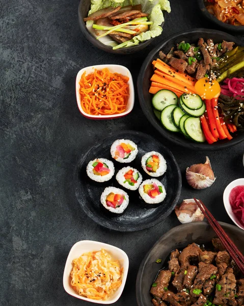 Válogatás Koreai Hagyományos Ételeket Ázsiai Kaja Felülnézet Lapos Fekvés Másolás — Stock Fotó