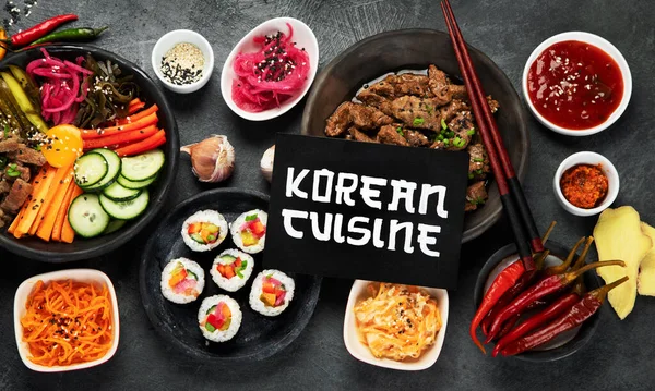 Asortyment Koreańskich Tradycyjnych Potraw Azjatyckie Jedzenie Widok Góry Płaski Przestrzeń — Zdjęcie stockowe