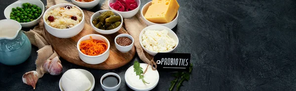 Legjobb Probiotikus Források Szürke Háttérrel Erjesztett Étel Másolás Panoráma — Stock Fotó