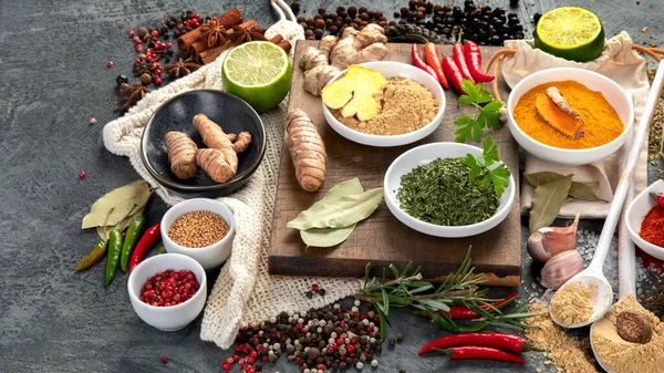 Assortment Spices Gray Background Traditional Seasoning Concept Copy Space — Stock Photo, Image