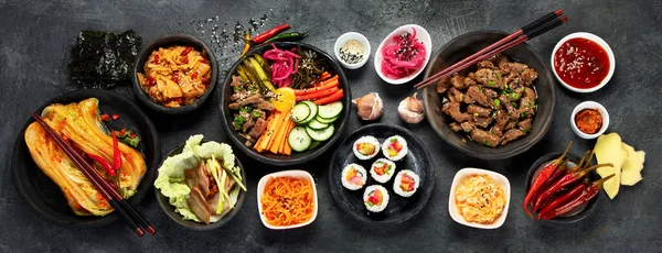 Assortiment Van Koreaanse Traditionele Gerechten Aziatisch Eten Bovenaanzicht Flat Lay — Stockfoto