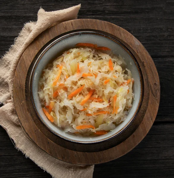 Sauerkraut Wooden Background Salting Vegetables German Traditional Food Concept Top — Stock Photo, Image