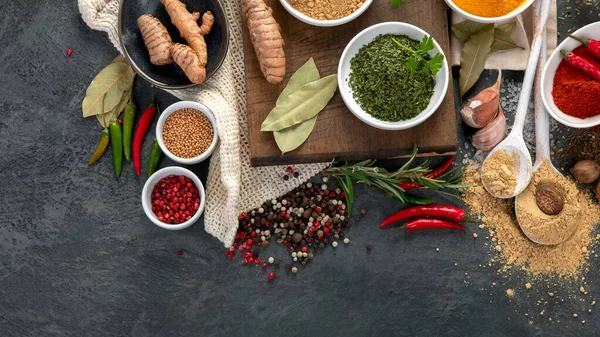 Assortment Spices Gray Background Traditional Seasoning Concept Top View Flat — Stock Photo, Image