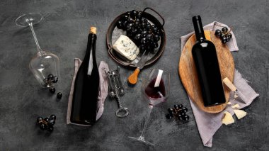 Gri arka planda aperatifleri olan kırmızı şarap çeşidi. Geleneksel alkol içecekleri. Üst manzara, düz uzanma