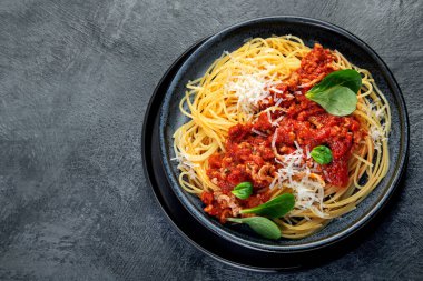 Gri arka planda spagetti bolonez. Geleneksel İtalyan makarnası. Ev yapımı yemek konsepti. Üst görünüm, düz görünüm, kopyalama alanı
