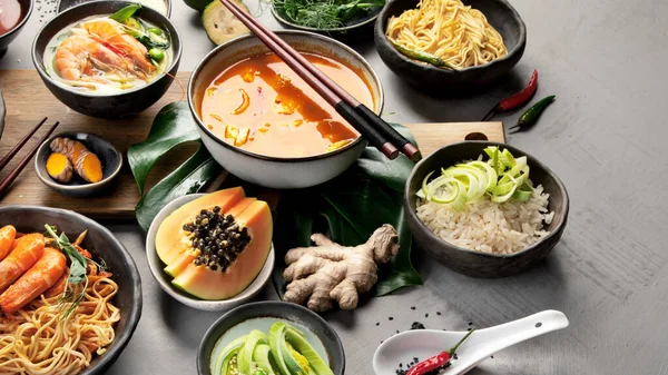 Asian Dishes Variety Gray Background Traditional Food Cocnept Copy Space — Stock Photo, Image