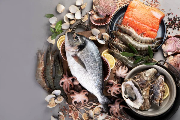 Fish Assortment Light Gray Background Mediterranean Food Concept Flat Lay — Stockfoto