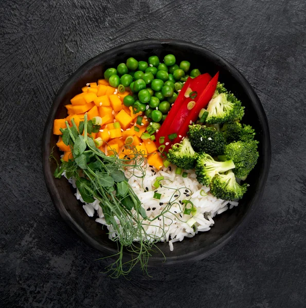 Μπολ Ρύζι Μπρόκολο Κολοκύθα Και Μικρολαχανικά Έννοια Υγιεινής Διατροφής Τροφίμων — Φωτογραφία Αρχείου