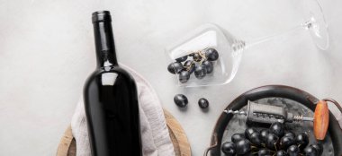 Açık gri arka planda aperatifli kırmızı şarap çeşitleri. Geleneksel alkol içecekleri. Üst görünüm, düz görünüm, kopyalama alanı, panorama