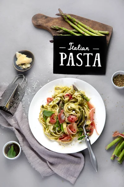 Pasta Asparagus Prosciutto Gray Background Traditional Italian Food Concept Top — Fotografia de Stock