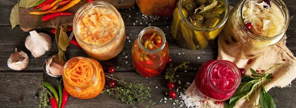 Comida Fermentada Sobre Mesa Madera Alta Fuente Probióticos — Foto de Stock