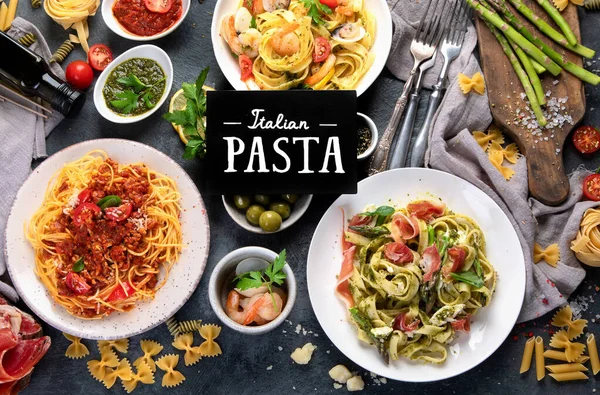 Pasta Assortment Dark Background Traditional Italian Food Concept Top View — Fotografia de Stock