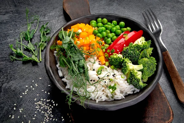 Bowl Rice Broccoli Pumpkin Microgreens Healthy Food Diet Concept — Fotografia de Stock