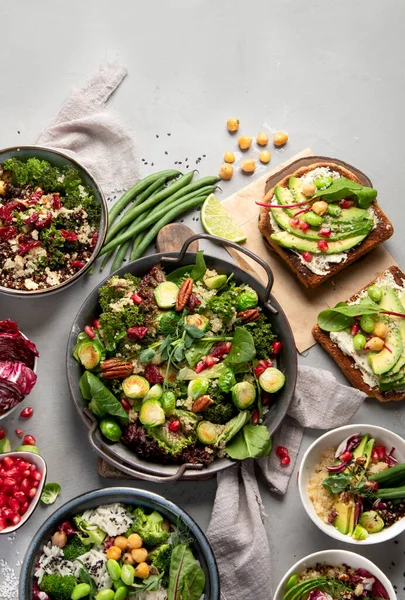 Vegan Dishes Assortment Gray Background Healthy Food Concept Top View — Φωτογραφία Αρχείου