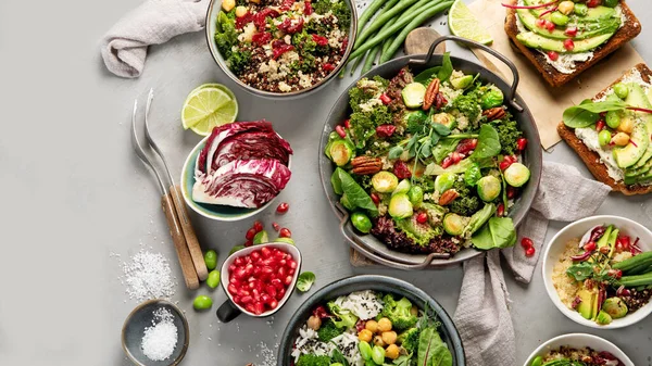 Vegan Dishes Assortment Gray Background Healthy Food Concept Top View — Φωτογραφία Αρχείου