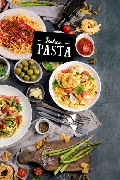 Pasta Assortment Dark Background Traditional Italian Food Concept Top View — Fotografia de Stock