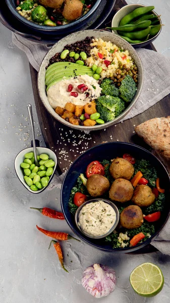 Vegan Dishes Assortment Light Background Mediterranean Diet Concept Flat Lay — Stock Photo, Image